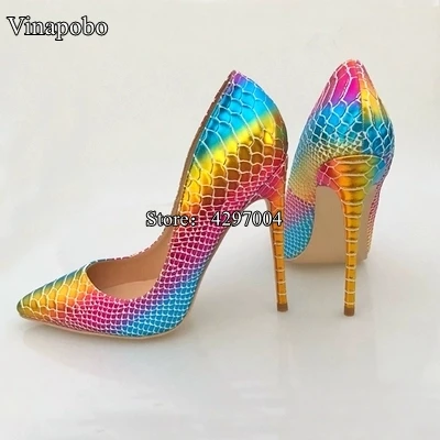 New Pointed Toe Shoes Women Colorful Rainbow Snake Printed Pumps 8/10/12cm High Heels Genuine Leather Stilettos Women Shoes - Цвет: 12cm