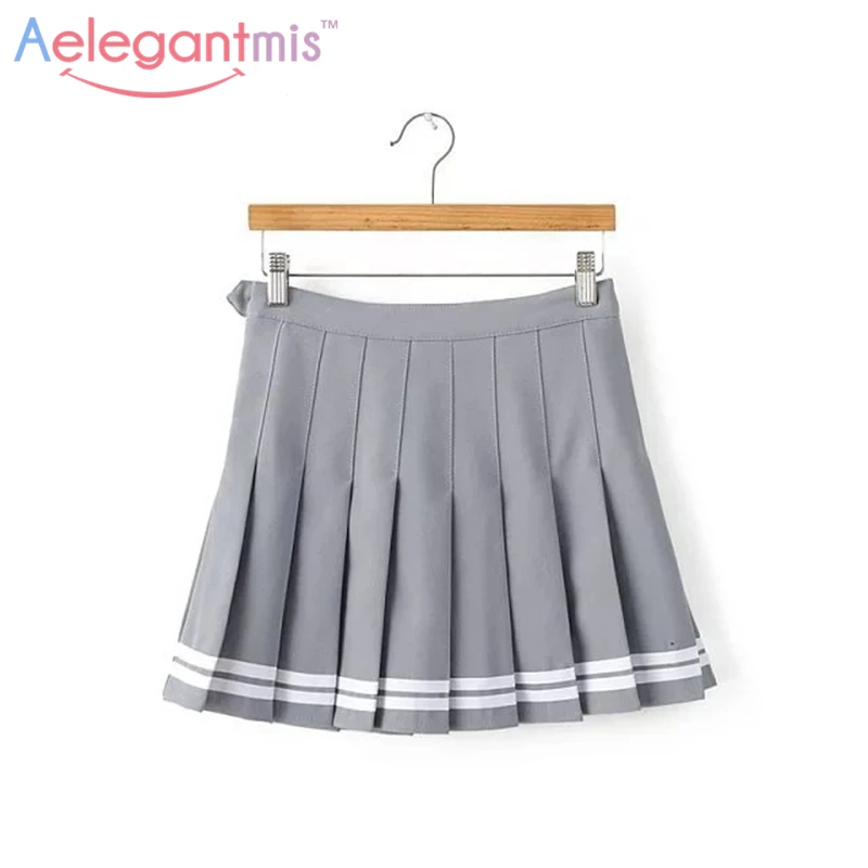 Grey Aelegantmis, милая плиссированная юбка, для женщин, элегантный дизайн, мини юбка с высокой талией, для девочек, винтажная, черная, белая, милая, школьная форма, юбки - Цвет: Grey