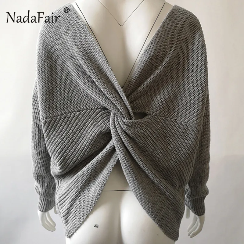 Nadafair, сексуальный свитер с открытой спиной, крест-накрест, женские пуловеры, Осень-зима, длинный рукав, однотонный Повседневный свитер, Женский вязаный джемпер