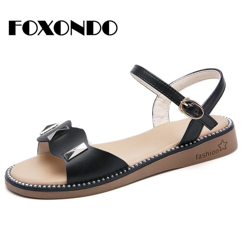 FOXONDO/2019 г. Новые летние женские сандалии кожаные на плоской подошве Босоножки