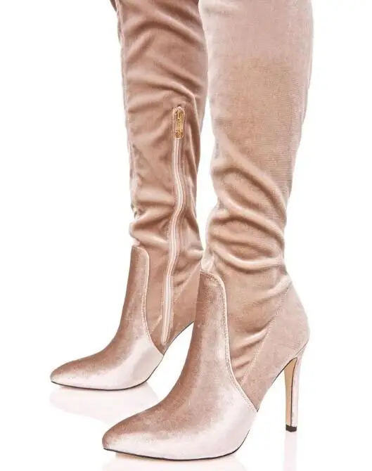 

Drop Shipping Autumn Women Gorgeous Red Wine/Khaki Velvet Pointed Toe Inner Ankle Zip Closure Pointed Toe Thigh High Boots