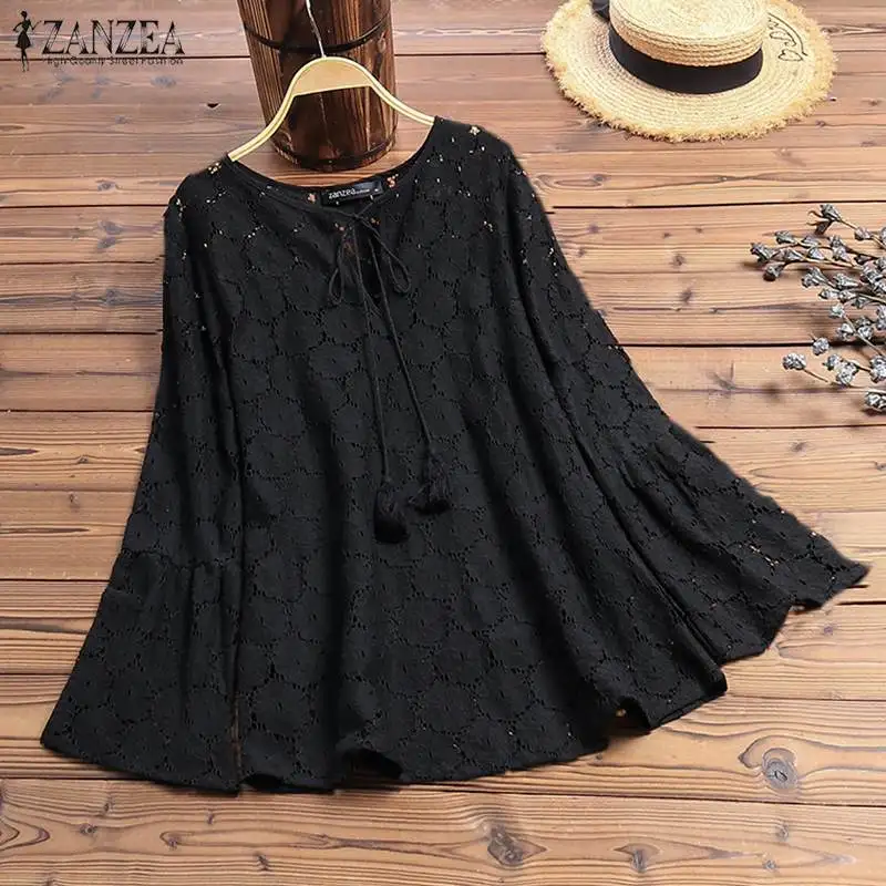 

Stylish Women's Summer Blouse 2021 ZANZEA Lace Tops Bohemian Long Sleeve Shirts Female V Neck Hollow Blusas Female White Tunic