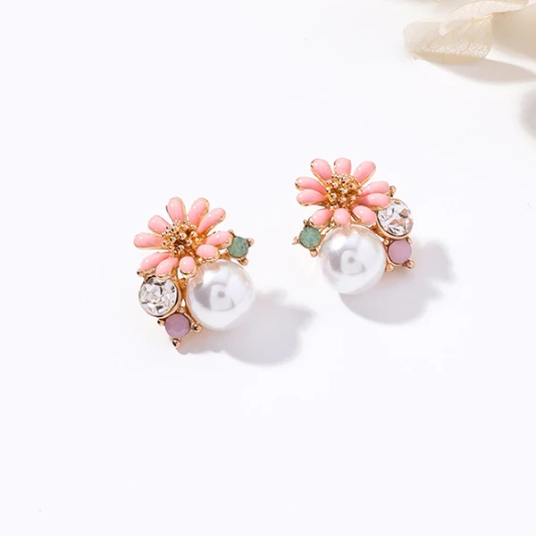 pink flower earring Женские серьги-гвоздики с искусственным жемчугом в виде цветка аниса, милые разноцветные эмалированные серьги с кристаллами для девушек, вечерние ювелирные изделия Oorbellen - Окраска металла: pink flower earring