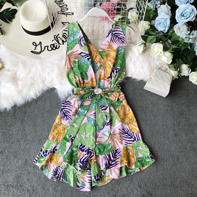Пляжный Boho короткий женский летний комбинезон с открытой спиной и v-образным вырезом без рукавов комбинезон корейский цветочный принт плюс размер женский комбинезон