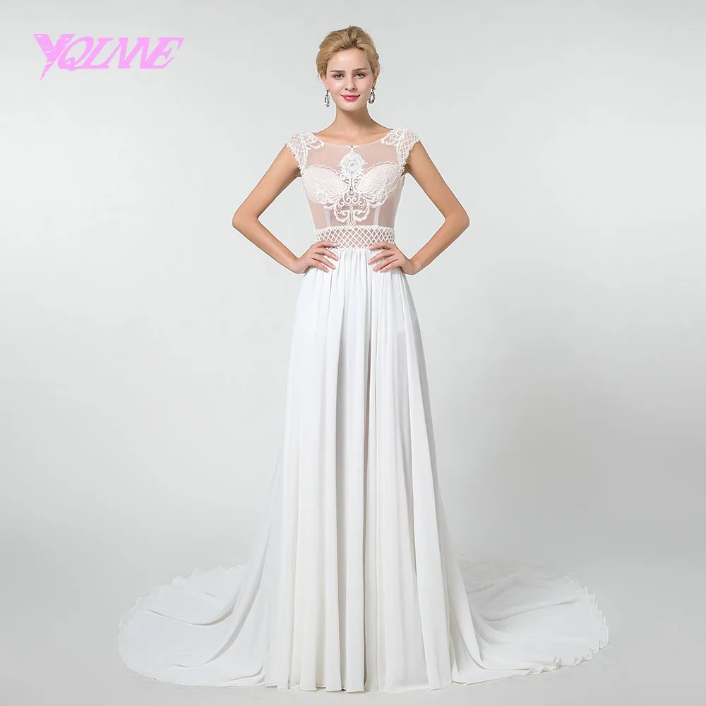 YQLNNE Robe De Mariee пляжное свадебное платье с вышивкой Иллюзия жемчужные бусины свадебное платье из шифона