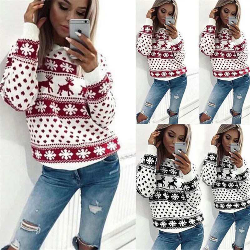 New Women Fawn Print Christmas Sweaters 2018 Lady Jumper Sweater Pullover Tops Coat Winter Ladies Warm Brief Clothing | Женская одежда