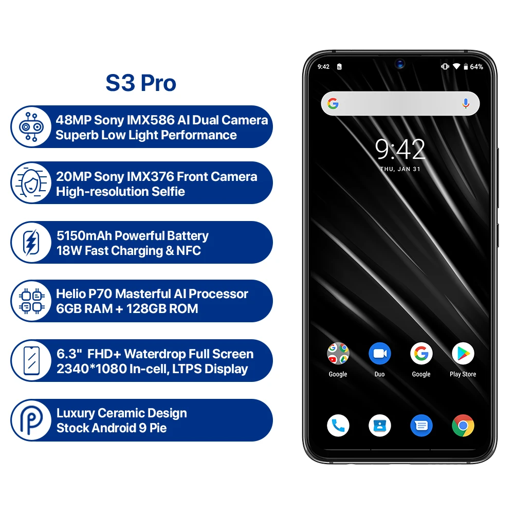 UMIDIGI S3 PRO смартфон с 6 3 дюймовым дисплеем ОЗУ ГБ ПЗУ 128 48 Мп + 12 20 МП Android 9 0 5150