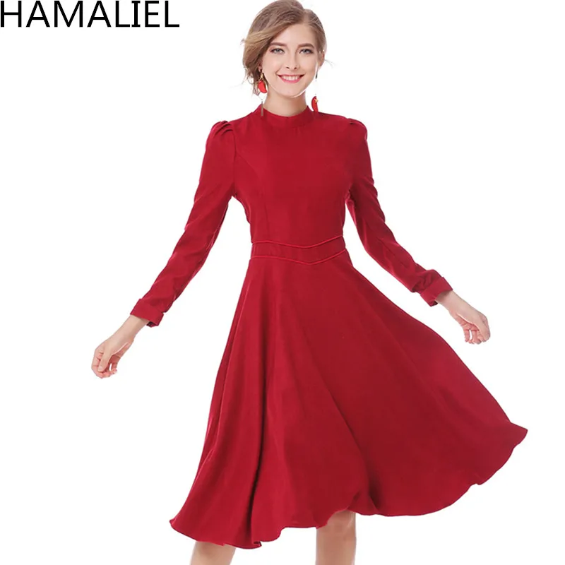 HAMALIEL Весна Осень женское платье 2018 модное красное бархатное с длинным рукавом