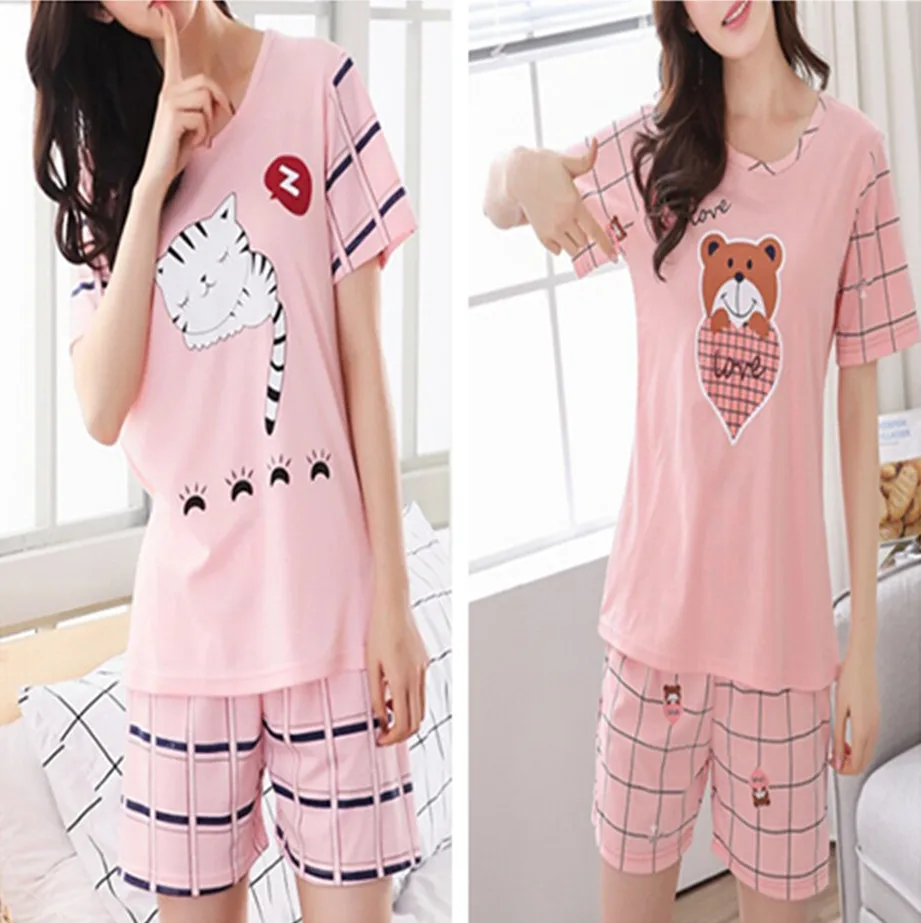 

Летняя Пижама с короткими рукавами для молодых девушек, женская ночная рубашка, повседневная домашняя короткая одежда для сна, M-2XL