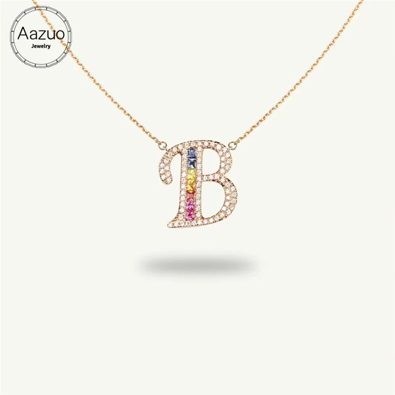 

Aazuo 18K Rose Gold Natural Coloured Gemstone Real Diamond Original Rainbow Letter Free Pendent Necklace gifted for Women Au750