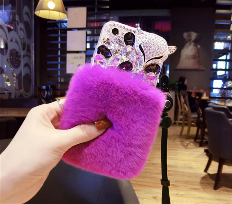 Luxury Bling Rhinestone Fox Diamond Real Rabbit Fur Soft Cover Case For Huawei P8 P9 P10 P20 P30 PLUS LiTE Mate10 20 Pro Lite | Мобильные