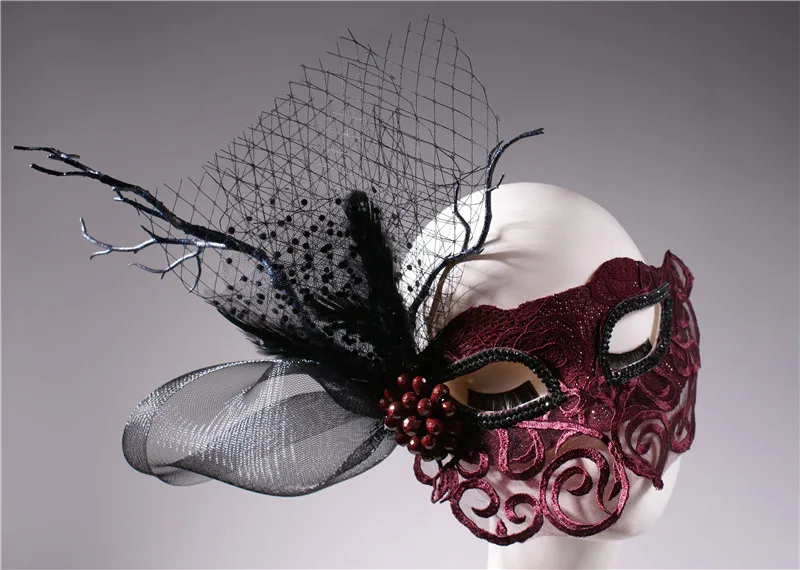 

Wine red half face beauty god party mask side with branches exaggerated stage antler mask
