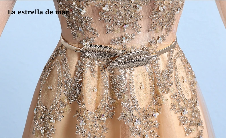 Vestido dama de honor boda, новинка, круглый вырез, 3/4 рукав, ALine, золото, шампанское, серебро, кружево, блестки, свадебное платье, длинное
