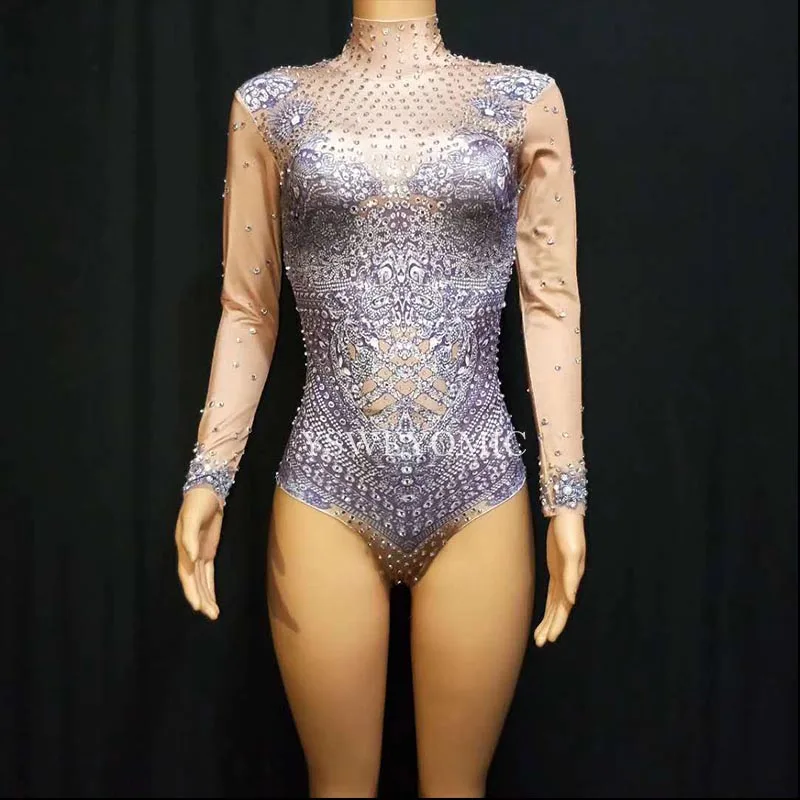 Purple big Stretch Leotard Female Singer Dancer Sexy Rhinestones Bodysuit Costume Performer Clothes for Women Dance Costume