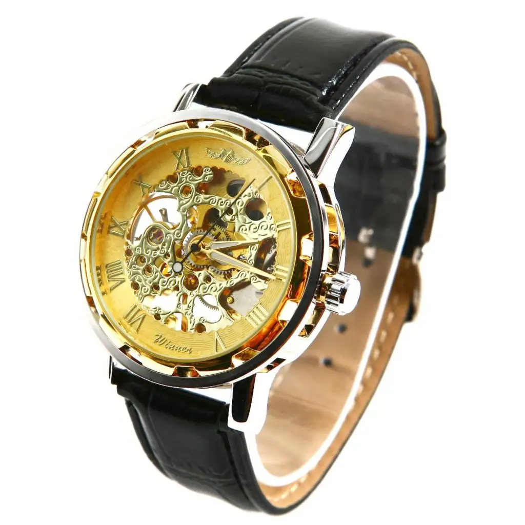 Winner-Herrenuhr-Selbstaufzug mechanische Uhr-Leder armbanduhr-Золотой | Электроника