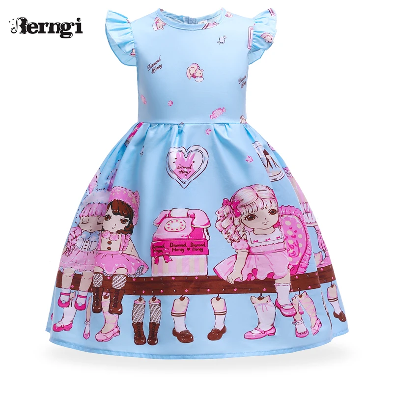 Berngi 2-7 years Summer 100% Combed Cotton Little Girl Print Dresses kids Casual Sundress Petal Sleeve Dress Good quality