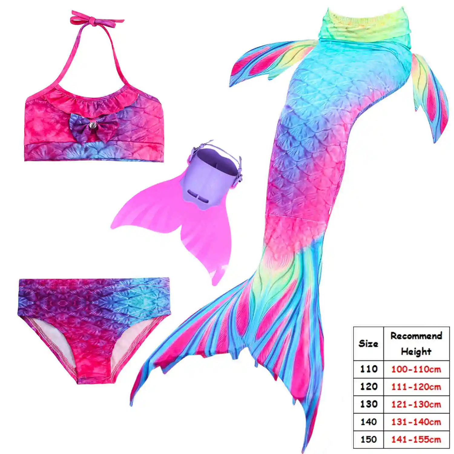 4pcs With Monofin Детский купальный костюм русалки, бикини для девочек, хвост русалки, купальный костюм, детская одежда, Раздельный купальник, хвост русалки, одежда для купания - Цвет: 4pcs With Monofin