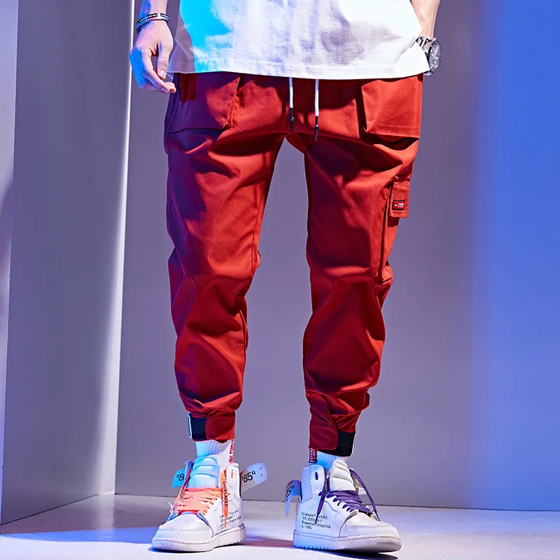 

Men Red Elastic Waist Design Harem Pant Men Streetwear Punk Hip Hop Casual Trousers Joggers Male Dancing Pant Sweatpants WG244