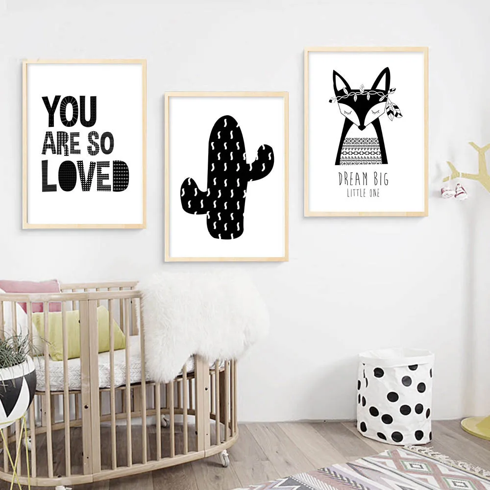 Black White Wall Art Canvas Painting Fox Cactus Animal Posters Nursery Prints Nordic Kids Decoration Pictures Baby Bedroom Decor | Дом и сад