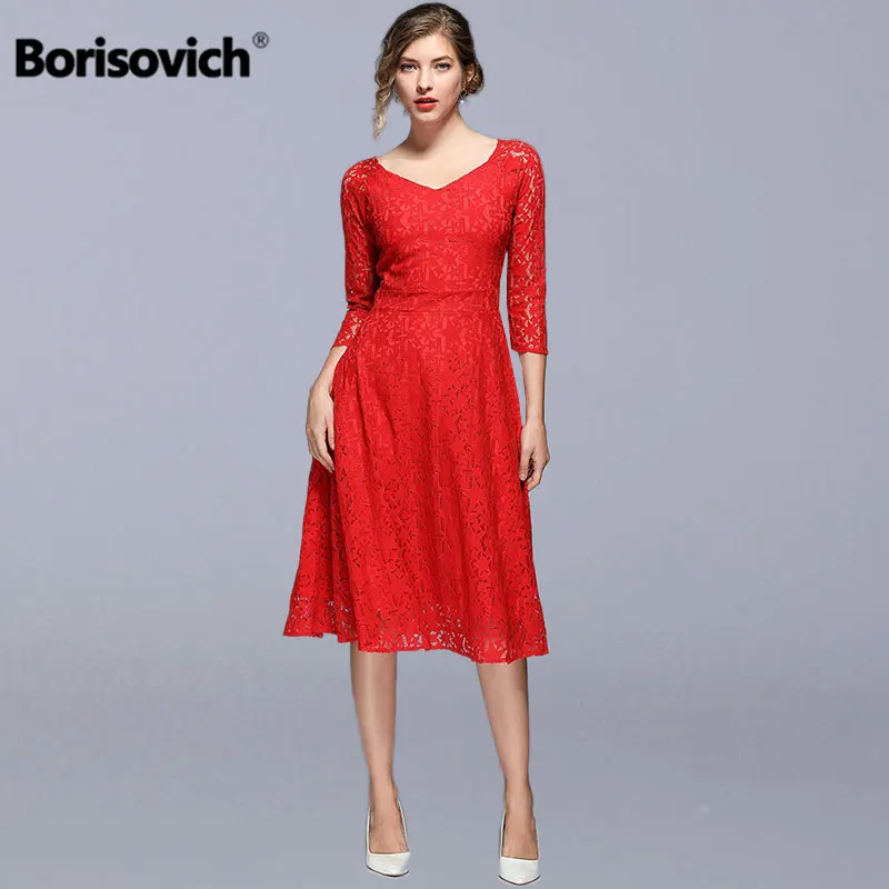 Женское кружевное платье Borisovich красное Повседневное трапециевидной формы до