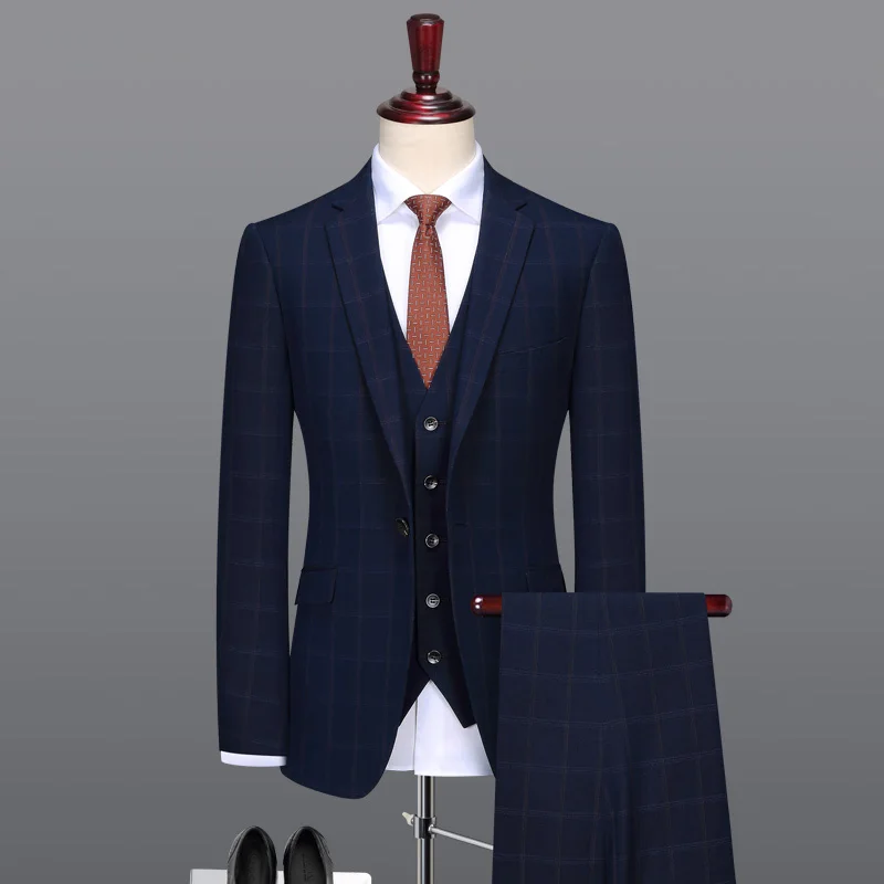 men suit deep blue plaid mens suits with pants vest father day gift wedding suits for men groom business wear man suit slim fit