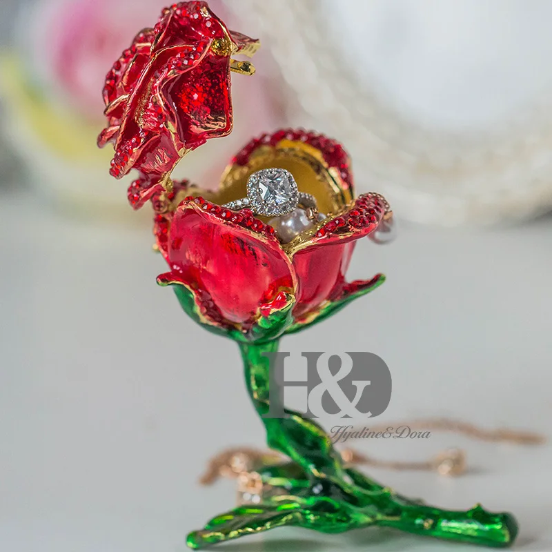 H&ampD Flower Trinket Box Hand-Painted Hinged Ring Holder Patterns Bejeweled Decor with Crystal Gift Collectible (red) | Дом и сад