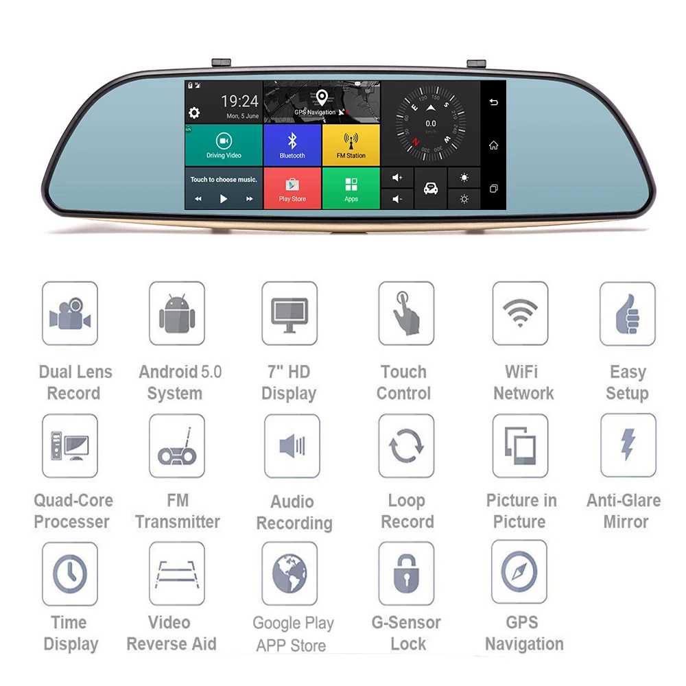 AMPrime Android автомобильный видеорегистратор Dashcam двойная приборная панель камера рекордер сенсорный экран заднего вида gps Bluetooth wifi монитор парковки зеркало