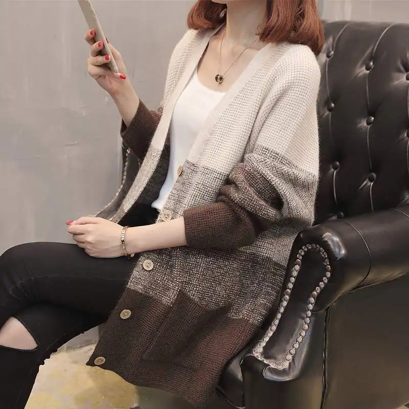 2020 Spring New Women Sweater Fashion Slim Knit Cardigan Patchwork Females Jacket Casual Loose Wild Coat UX65 |