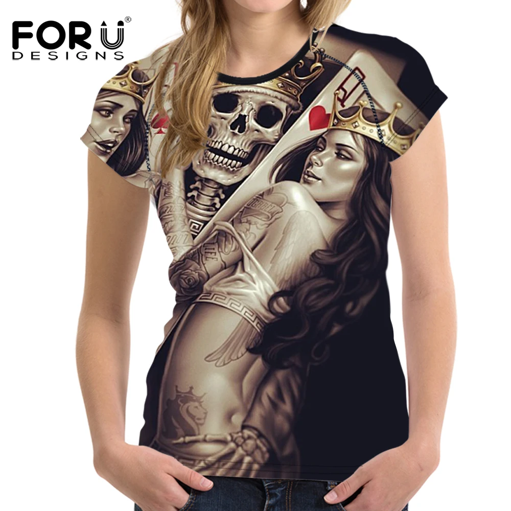 FORUDESIGNS/Летняя женская футболка в стиле панк с объемным черепом тонкая для