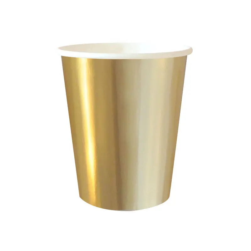 8pcs gold cups Золотые серебряные фольга новогодние вечерние принадлежности одноразовые бумажные тарелки чашки стакан с соломинкой обертки для пирожных подставка для десерта и кексов картон - Цвет: 8pcs gold cups