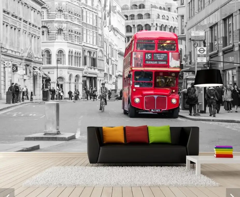 

Vintage London Bus Black White Street Restaurant Art Wall Decor Wallpaper Mural Wall Murals Decal HD Printed City Wall Paper