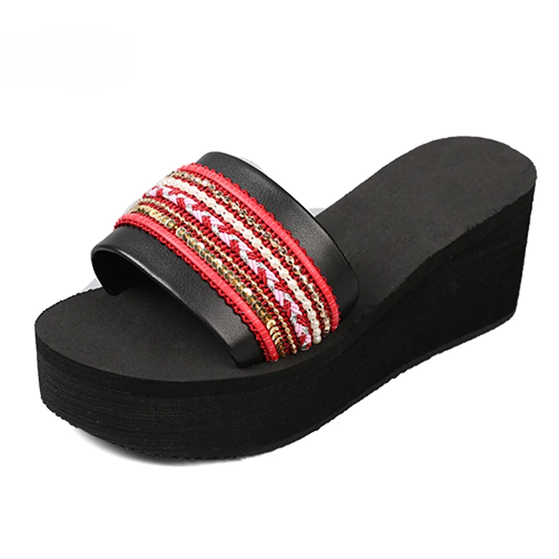 2019 г. новые женские летние пляжные шлепанцы на платформе без шнуровки красная