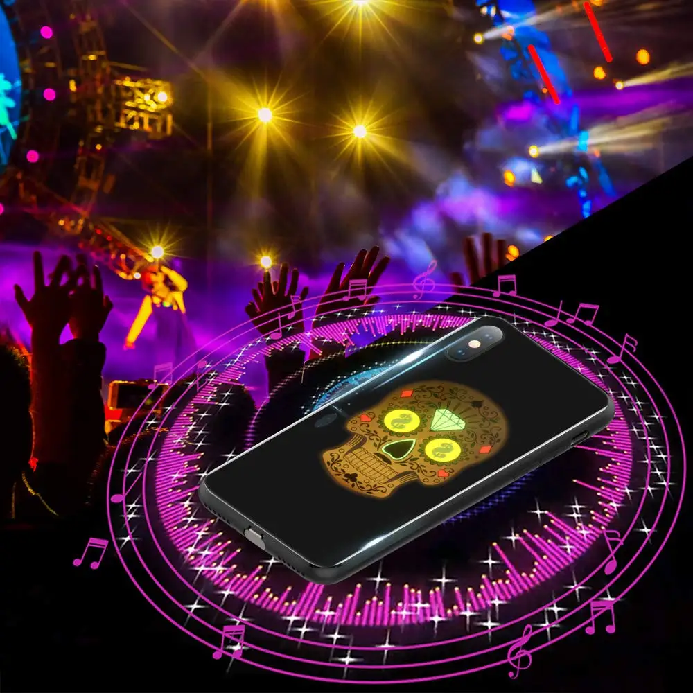 Светодиодный чехол для iPhone Xs Max, музыкальная активация, крутой узор, мигающий в такт музыки, задняя крышка из закаленного стекла(Череп