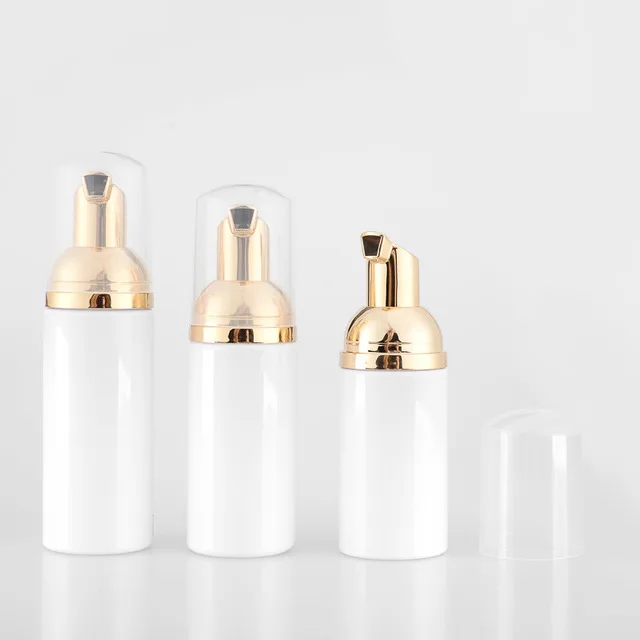

1 ps Empty 60ml 30ml cosmetic facial Cleanser wash cream Plastic pet white liquid soap Foam bottle with golden foamer pump PJ100