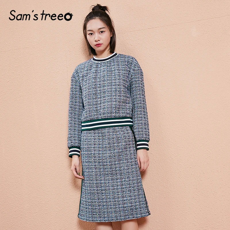 Samstree, зимние винтажные женские комплекты, контрастный цвет, нить, два предмета, костюм, клетчатые женские топы, для девочек, трапециевидные юбки