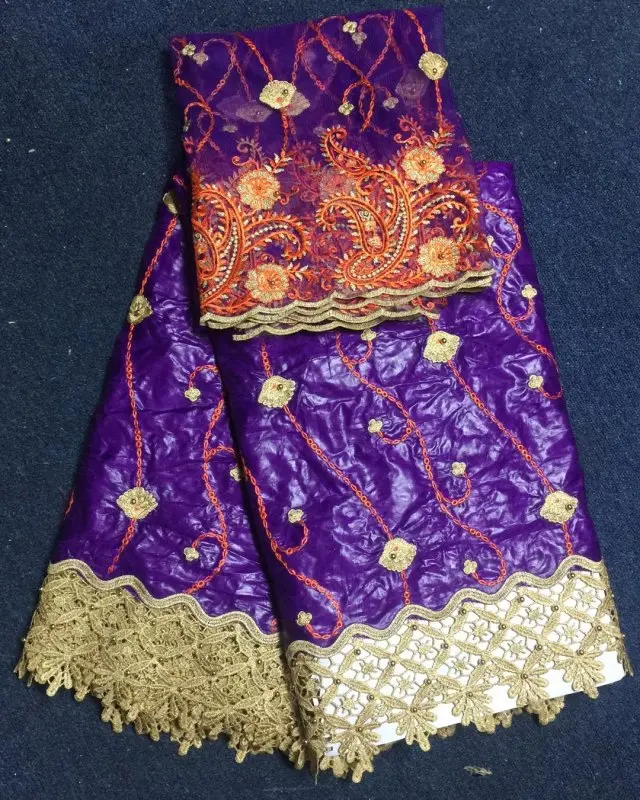 Базен Riche ткани в фиолетовый с золотой цветочный вышивка 5 ярдов матч 2 Тюль
