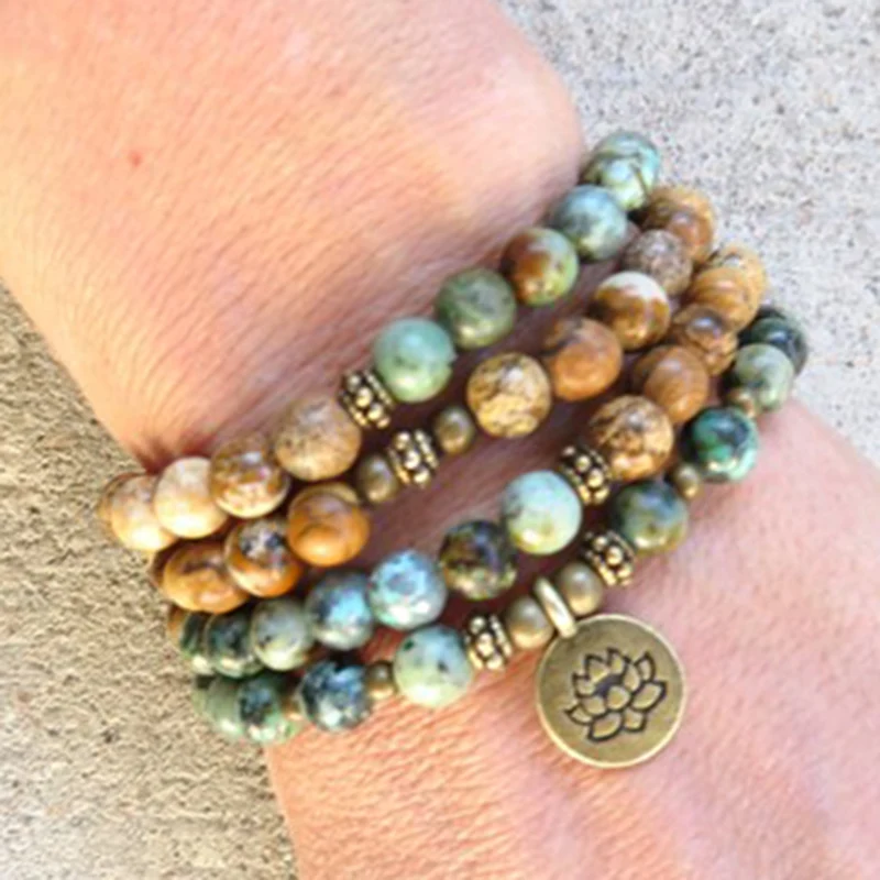 108 mala beads браслет Lotus Yoga Штабелируемый индийский камень и Африканский T urquoise из