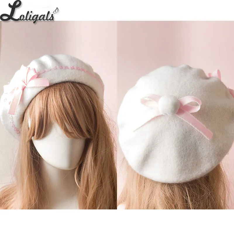Beige Pink Сладкий женский Лолита Сейлор берет Готический шерстяной берет шляпа с милыми бантами для зимы - Цвет: Beige Pink