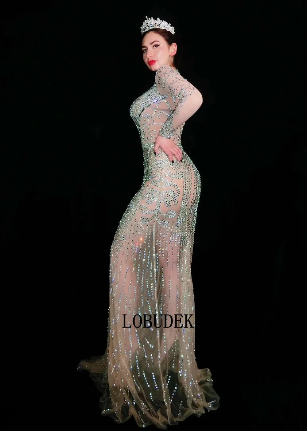 Пикантные сетчатые прозрачная платье со шлейфом серебряные стразы перспектива