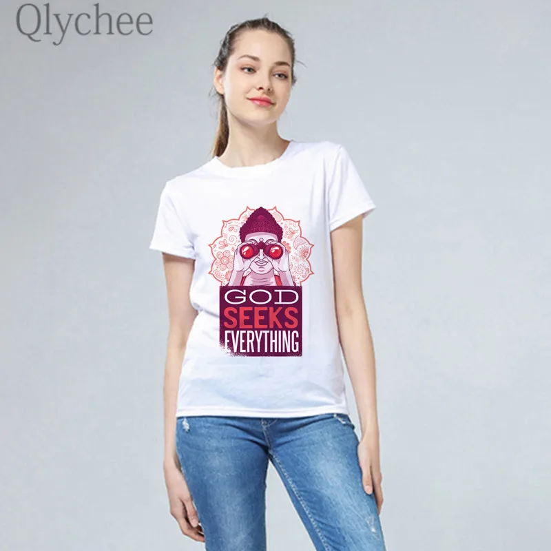 Qlychee Harajuku God ищет все с принтом женские футболки Топы Футболки вырезом лодочкой