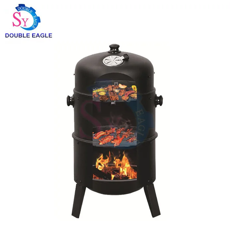 

Hot sale three-in-one multi-function bbq grill cylindrical two layer metal burner/household backyard cheap smoker charbroiler