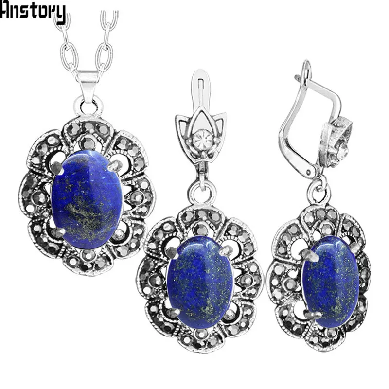 

Natural Stone Lapis Lazuli Necklace Earrings Jewelry Set Rhinestone Vintage Look Fashion Jewelry For Women TS420