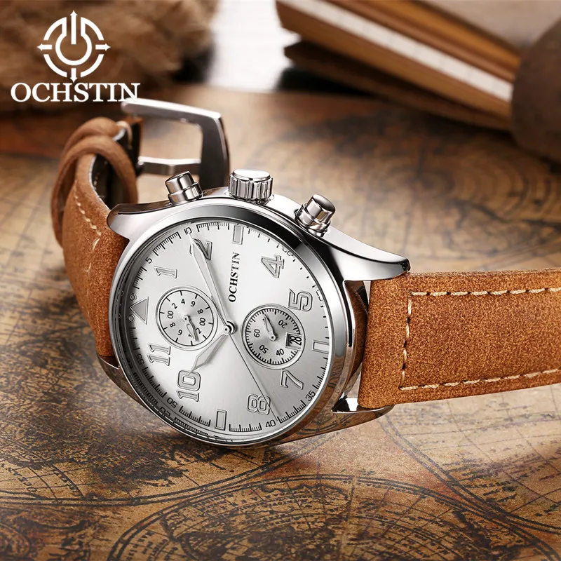 Мужские кварцевые наручные часы с ремешком из натуральной кожи | Наручные