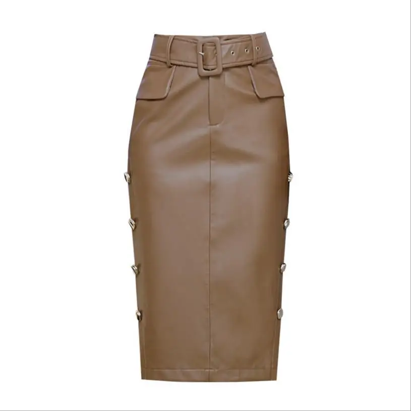 

S-5XL 2018 Autumn PU Leather Slim Skirts Female Elegant Office Work Khaki Buttons sexy One Step Hip Long Skirt Clothes L1216