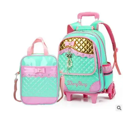 green with handbag Школьная сумка с колесами для девочек s детские багажные рюкзаки с колесиками рюкзаки на колесах для девочек рюкзак-тележка для школы сумка для девочек - Цвет: green with handbag