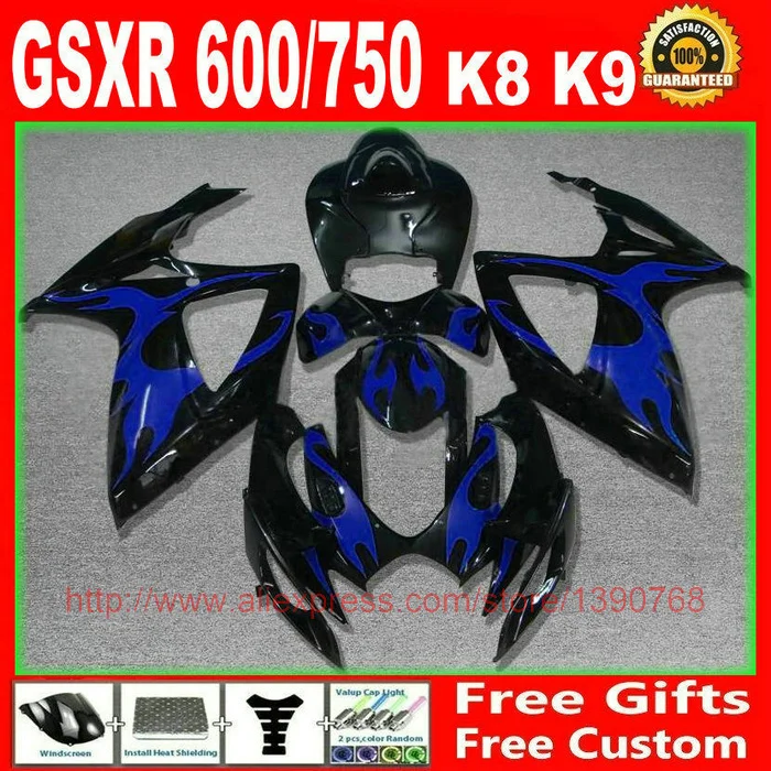 

High quality fairings set for Suzuki 2008 2009 2010 GSXR600 GSXR750 blue flames black fairing kit K8 K9 08 09 10 GSXR 600 750 TY