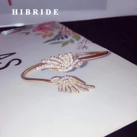hibride new micro cz pave feather shape cuff bracelets and bangles pulseiras for women fashion design jewelry b 136
