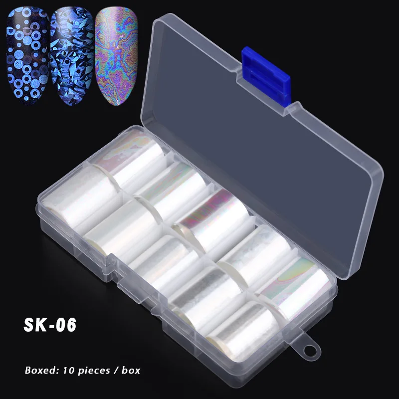 SK-06 10 шт./компл. 2,5*100 см смешанный дизайн голографическое искусство ногтей передачи Фольга наклейки Звездное AB Цвет УФ-гель наклейки для ногтей, наносимое самостоятельно Декор - Цвет: SK-06