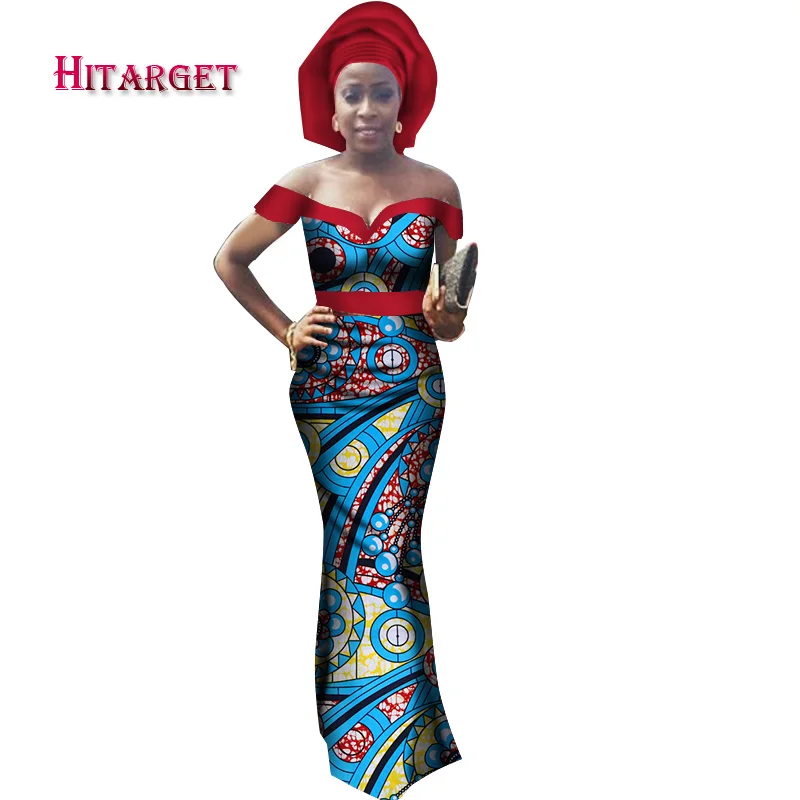 

2020 New Bazin Riche African Dresses for Women Sexy V-neck cotton Dresses With Headwrap African Dashiki Women dress WY2804