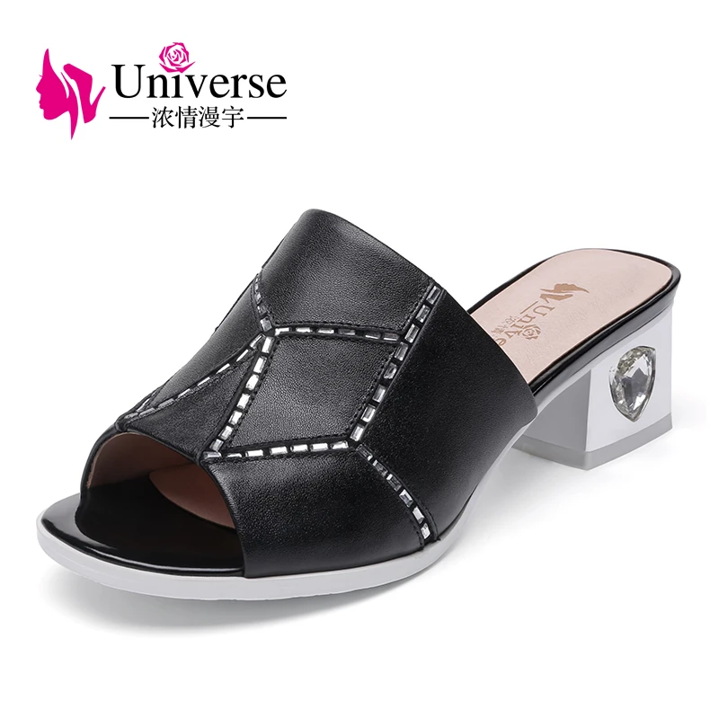 Вселенная женские тапочки Натуральная кожа Обувь летние шлепанцы квадратный
